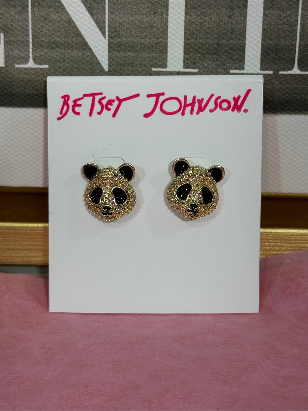 Betsey Johnson Gold and Black Panda Face Stud Earrings